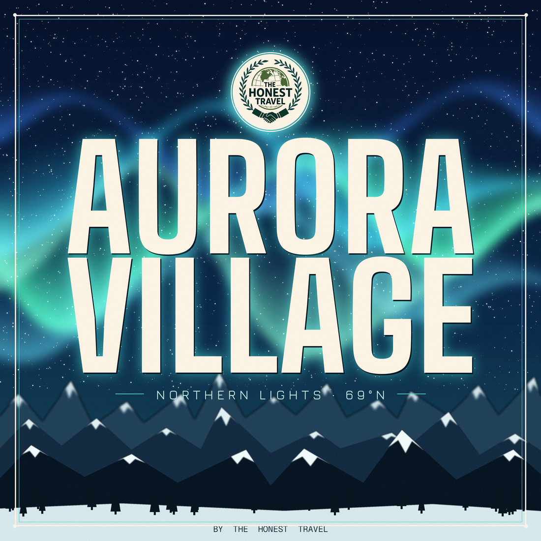 Aurora Village-plakat med nordlys og fjell