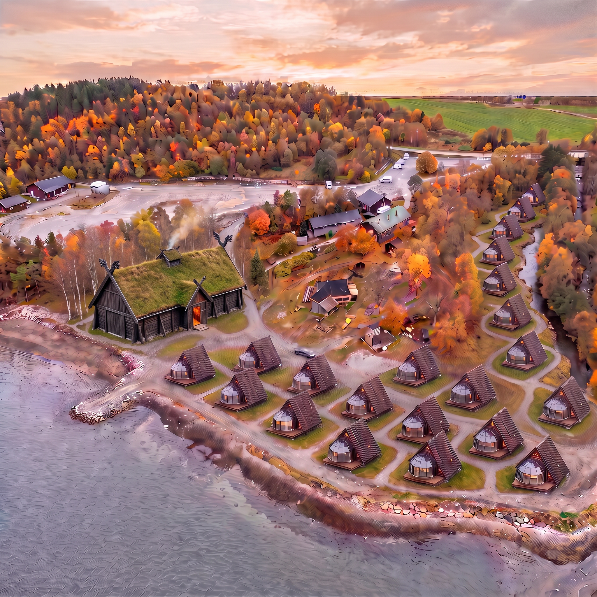 Skråbilde av Aurora Village med hytter, glasskupler og vikinglanghus med torvtak ved fjorden