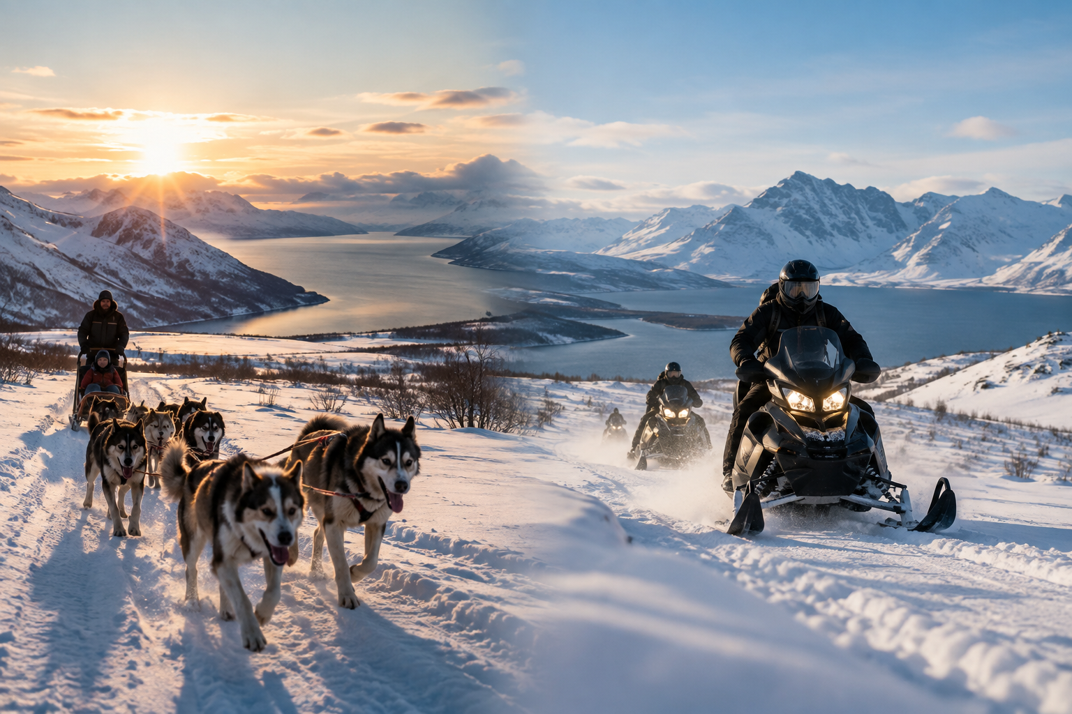 Hundespann i snøen ved Lyngenfjorden