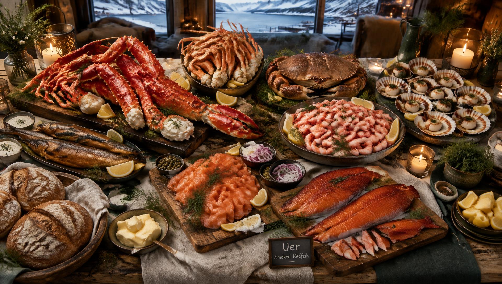 Konge-buffet med kongekrabbe, snøkrabbe, taskekrabbe, reker, kamskjell, varmrøkt ørret, røkt laks, røkt uer og nybakt surdeigsbrød